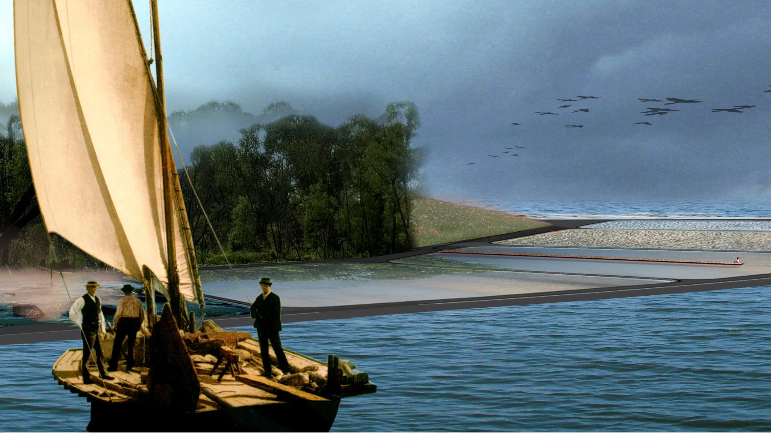 A vintage sailboat with four men on board, sailing on calm water near a landscape of trees and rolling hills, with a large modern land development or greenhouse complex in the background under a cloudy sky.