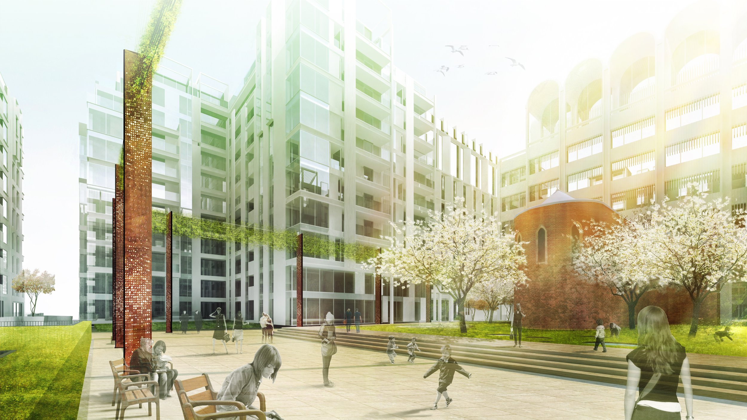 A modern residential complex with high-rise buildings surrounding a courtyard with trees, benches, and children playing.