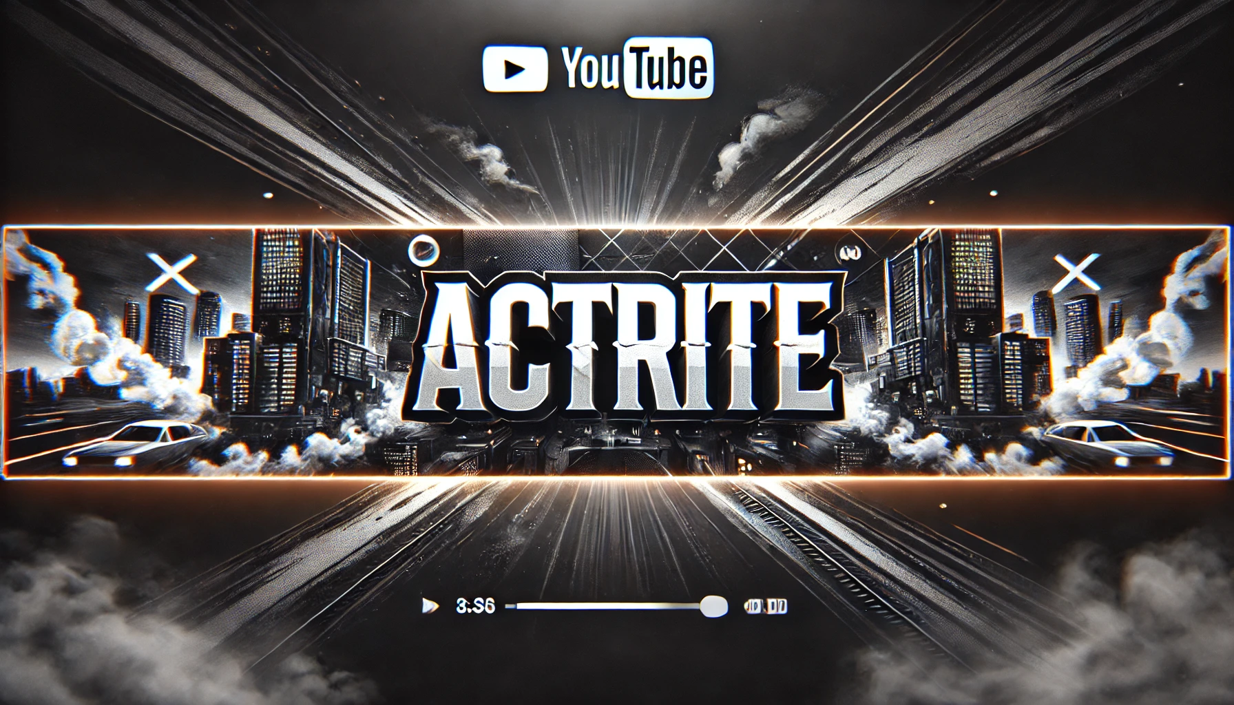 Stylized YouTube banner featuring the word 'ACTRITE' with a gritty urban cityscape background, neon effects, and car graphics.