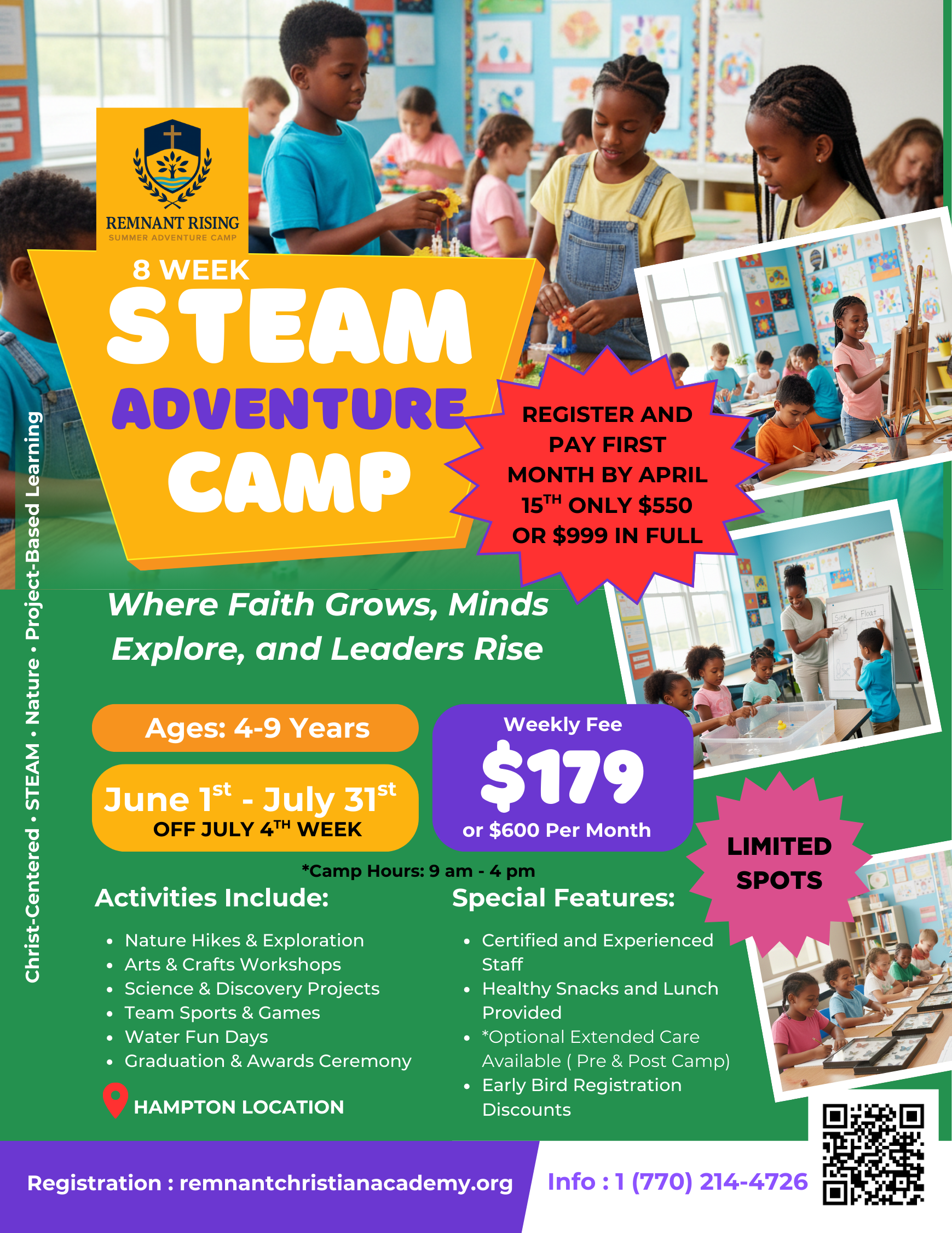 Flyer for an 8-week STEM adventure camp at Remnant Rising, showing children engaged in activities, with details about camp ages, dates, fees, activities, features, location, registration information, and images of kids learning and creating in a classroom.