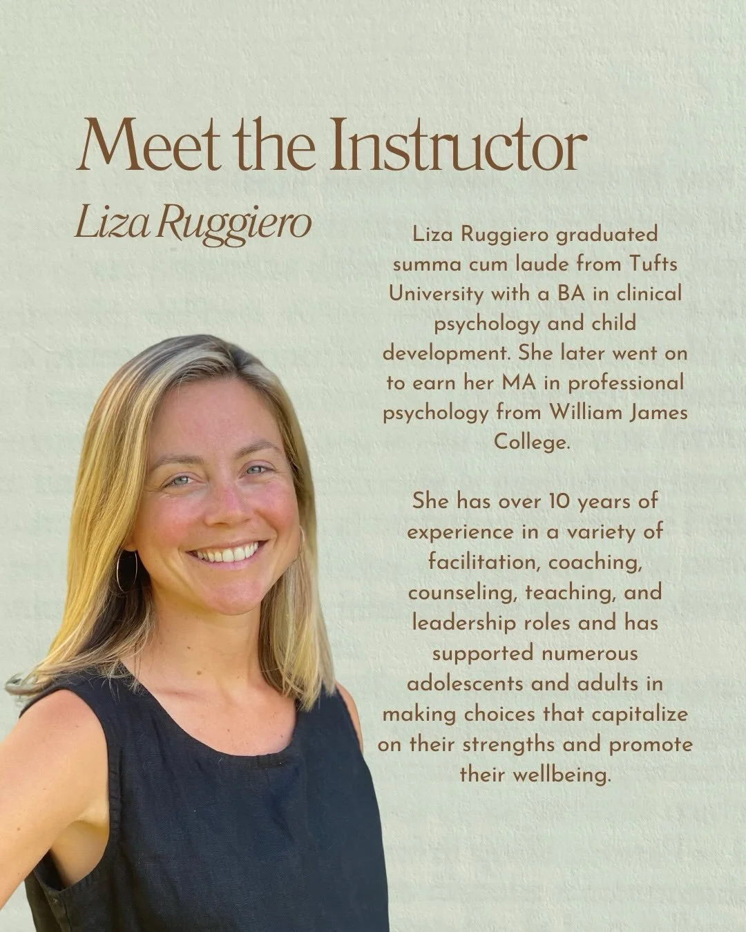 Meet the Instructor! Liza Ruggiero has over 10 years of experience in coaching, counseling, teaching, and supporting others to help the make difficult choices during life transitions. She will be hosting an event on January 25th, from 11-12:30 that f
