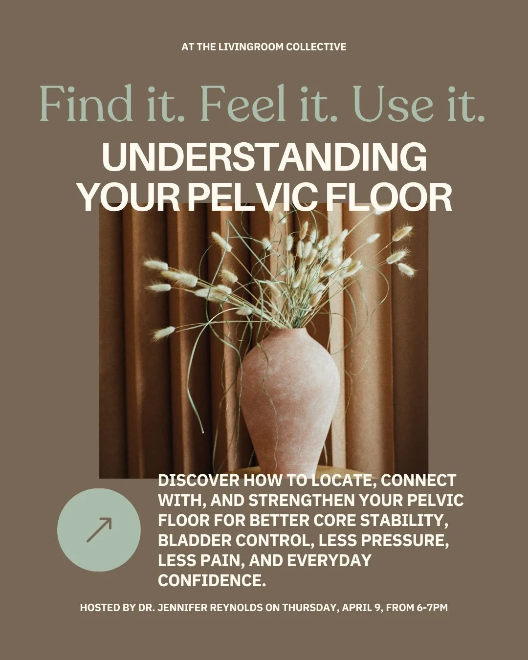 Mark your calendars ladies! Dr. Jennifer Reynolds will be hosting a 1-hour talk about general pelvic floor wellness for women of all ages stages of life on Thursday, April 9, from 6-7pm.

This workshop aims to help educate you on how to identify your