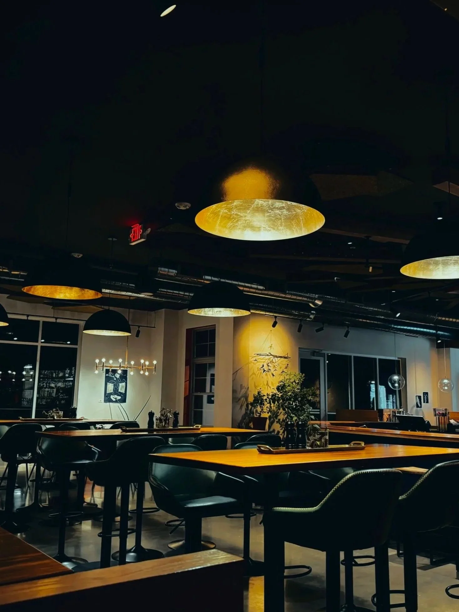 A dimly lit modern restaurant interior with round hanging ceiling lights, wooden tables, black chairs, and decorative plants.