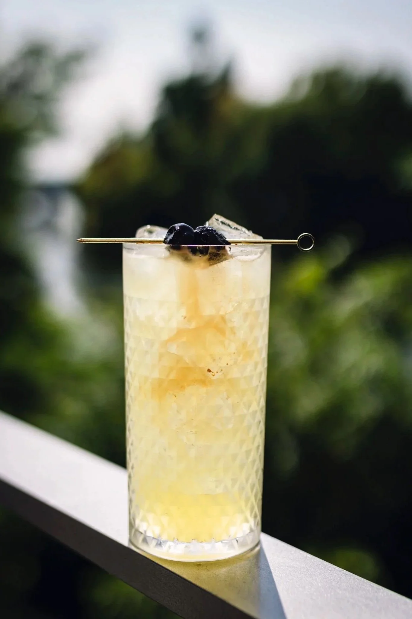 A tall glass filled with a yellow beverage topped with ice and blueberries, with a skewer resting on top, against a blurred outdoor background.