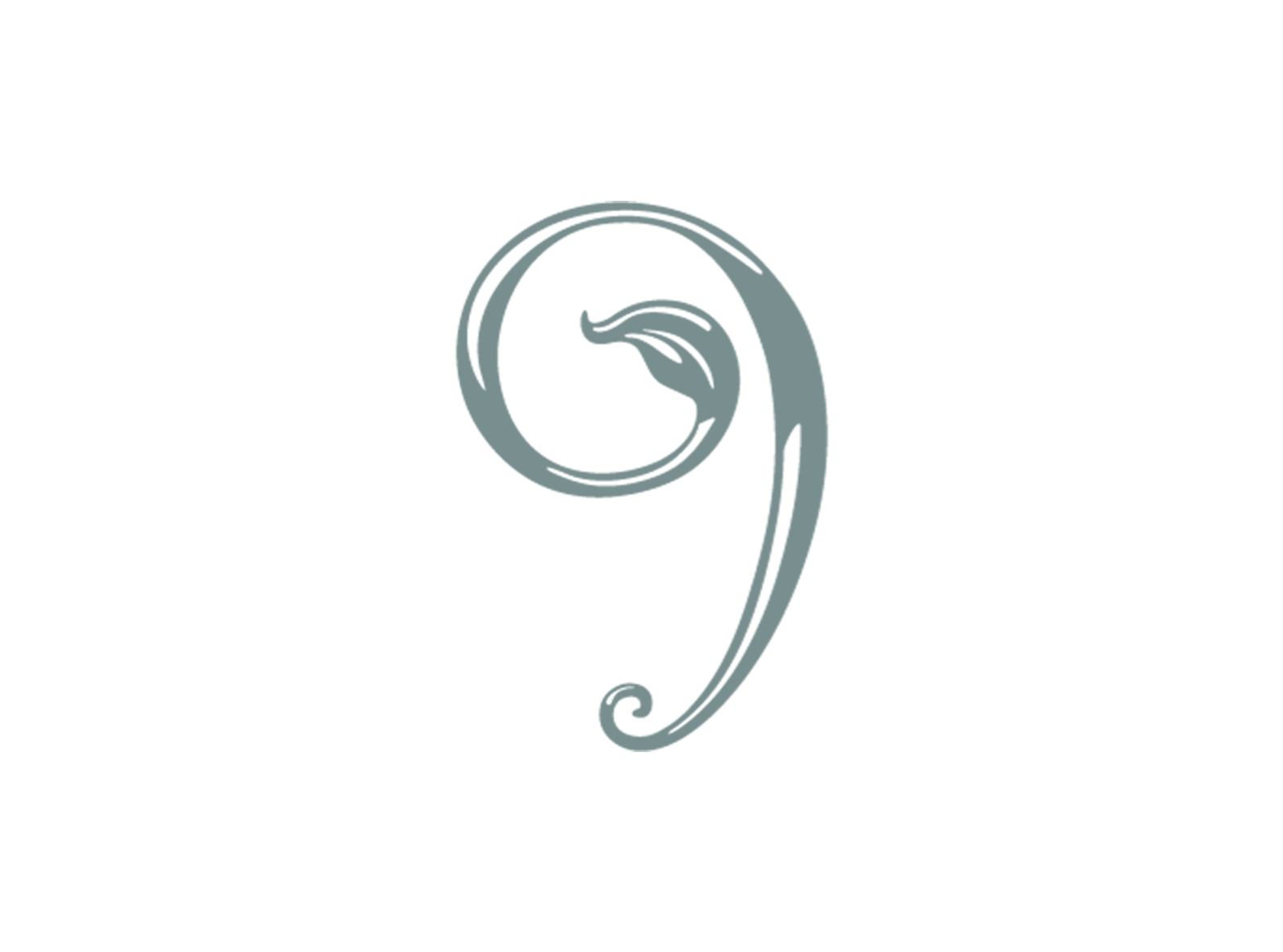 Elegant gray number 9 with swirling decorative design on black background.