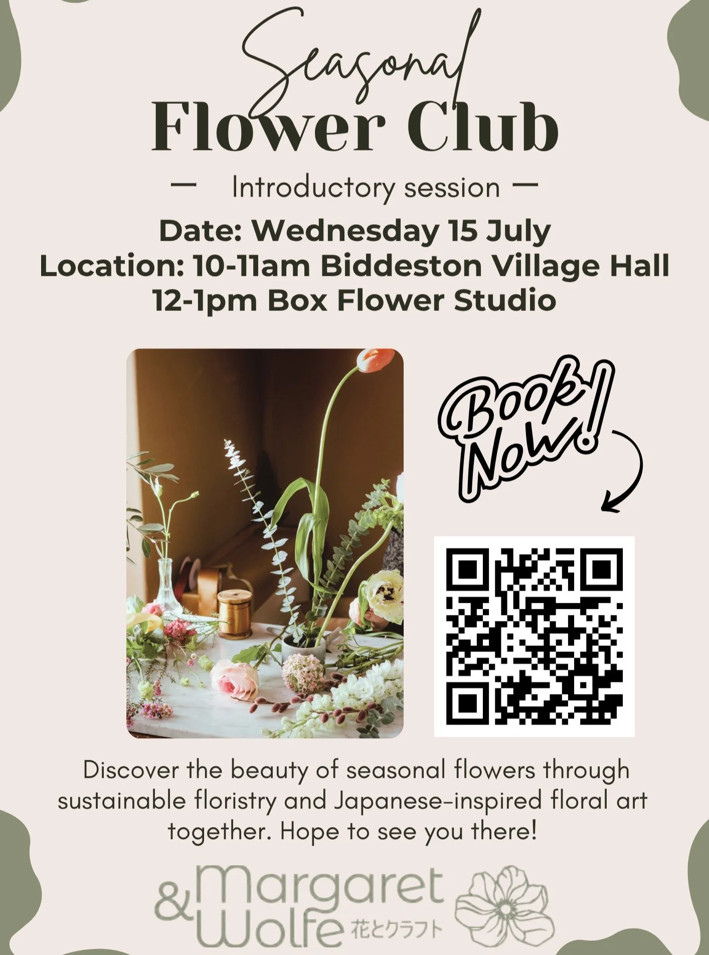 I'm excited to launch an introductory session for the new Margaret &amp; Wolfe Seasonal Flower Club 🌿🌸
Join me for a relaxed hour exploring sustainable flower arranging inspired by Japanese floral traditions, including Ikebana-style design and Koke