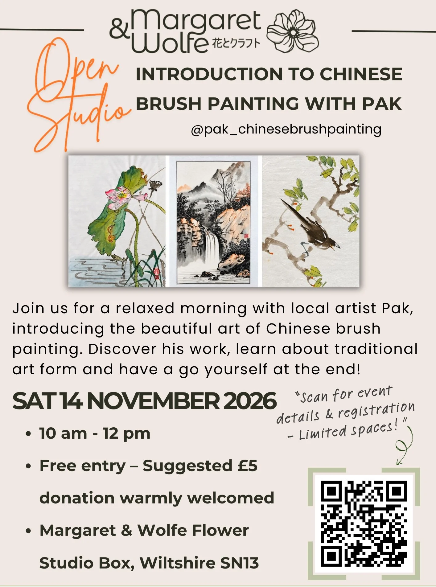 Hello lovely local people🌿

I'm delighted to welcome our local Chinese brush painting artist, Pak, to the Flower Studio on Saturday 14th November, 10am&ndash;12pm!

Join us for a relaxed morning as Pak introduces us to his beautiful artwork and the 