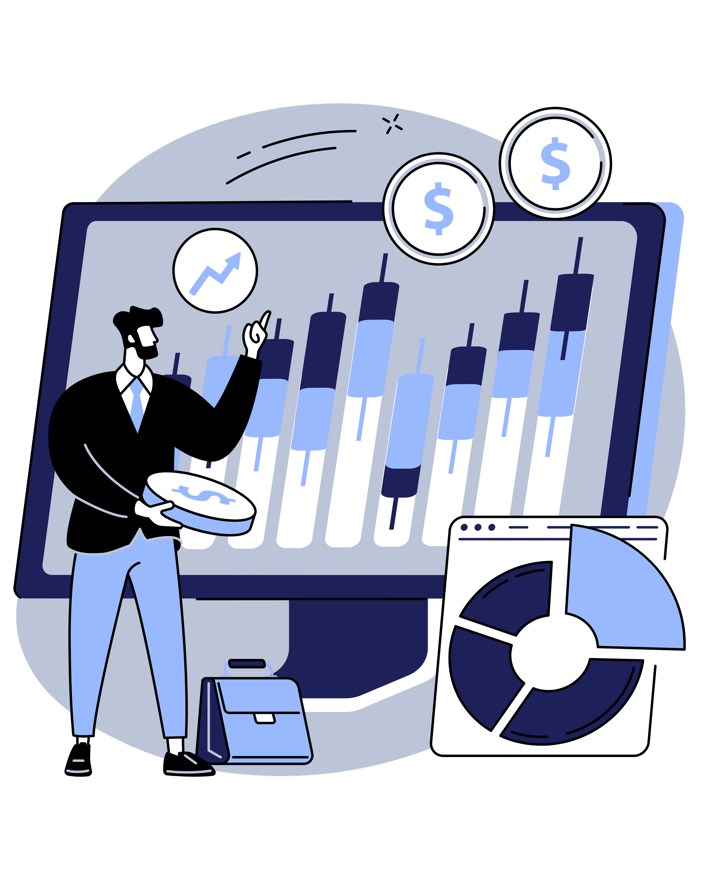 Illustration of a person analyzing financial data on a screen with candlestick charts, currency symbols, and a pie chart.