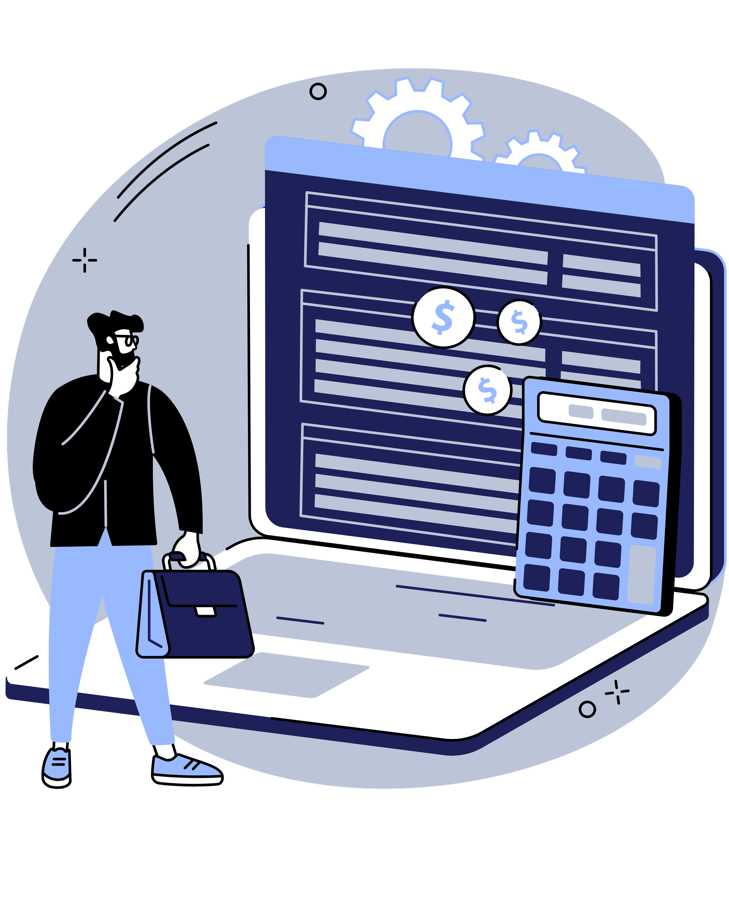 Illustration of a person with a briefcase standing beside a large laptop displaying financial data, with a calculator and currency symbols on the screen, and gears in the background.
