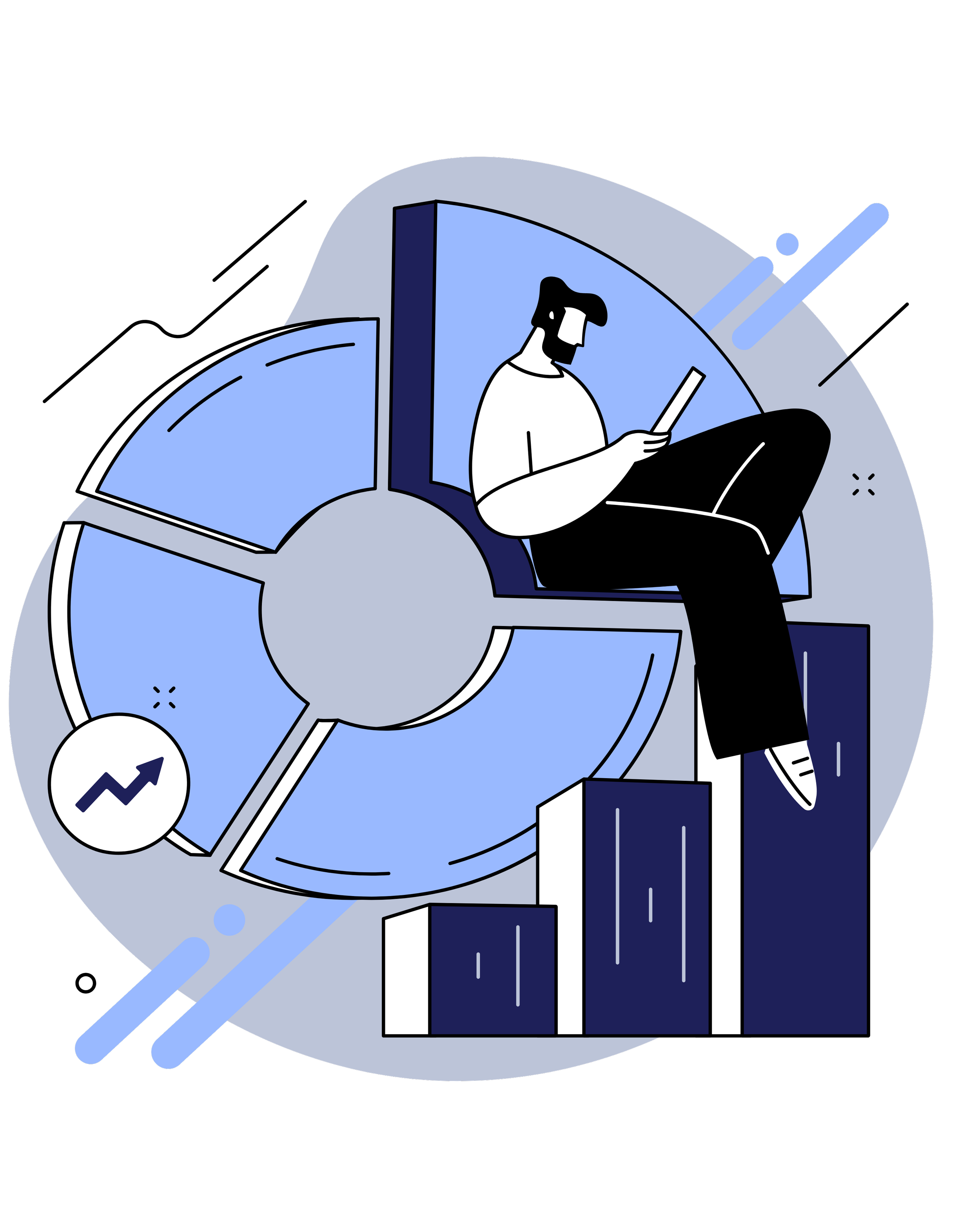 Illustration of a person sitting on a pie chart with a tablet, surrounded by bar graphs, indicating data analysis and growth.