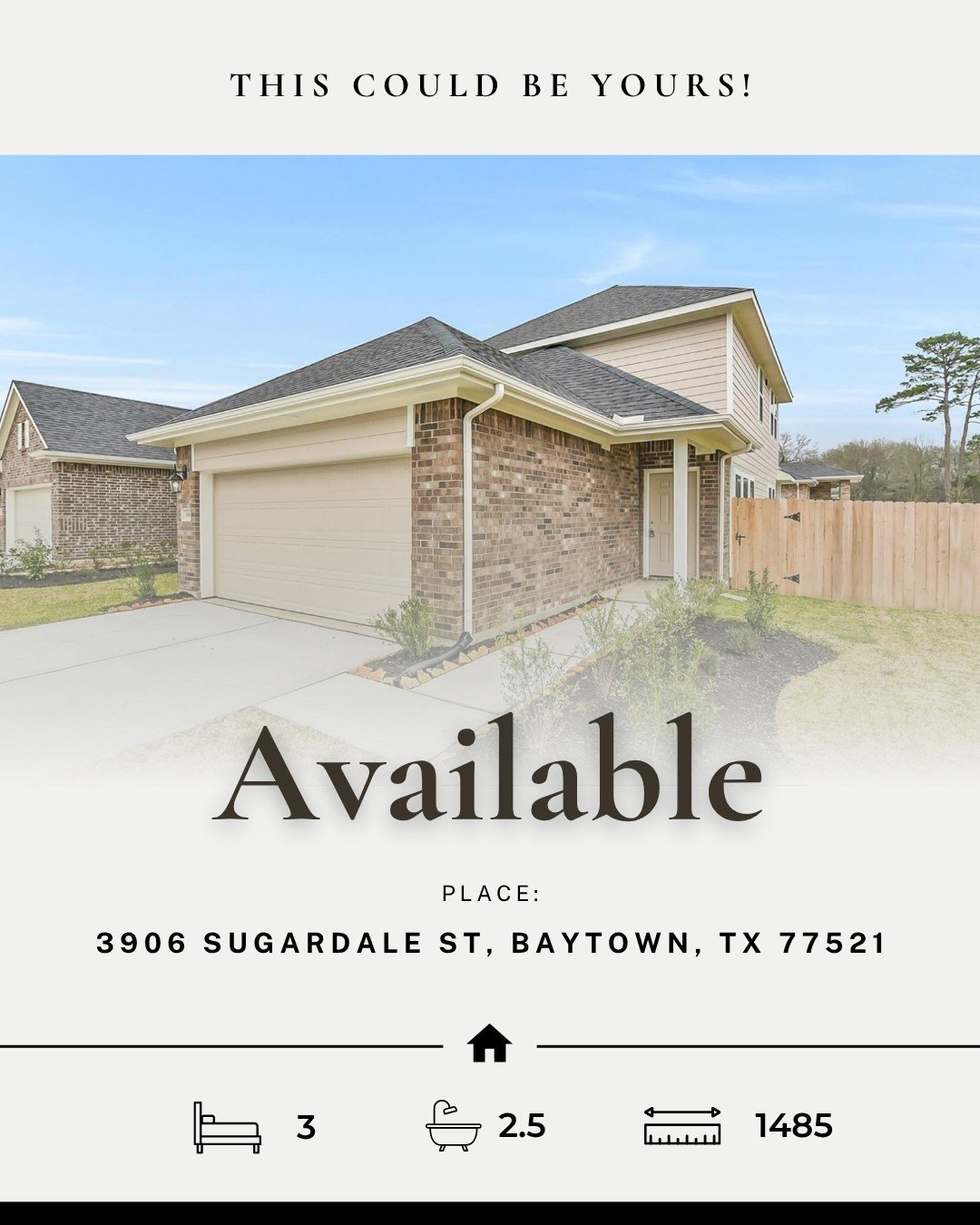 3906 Sugardale St is available. If you are looking in the Baytown area, King Oaks Village has available homes that will suite you and your family.

Visit our website to view our available homes and to learn more about the community - sbbtexas.com/kin