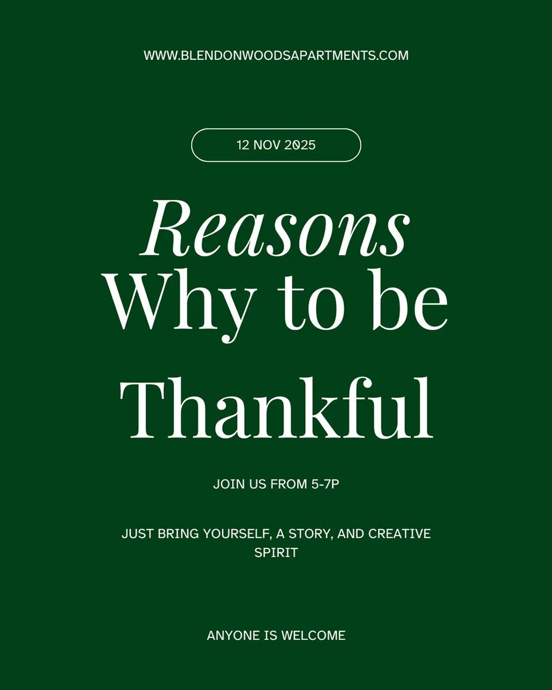 ✨ 🍂 Reasons Why to Be Thankful
📅 November 12th | 6-8p
📍 Blendon Woods Apartments
Join us for a cozy afternoon of creativity and kindness as we make personalized &ldquo;thank you&rdquo; cards for the people who make our lives brighter. 💌
We&rsquo;