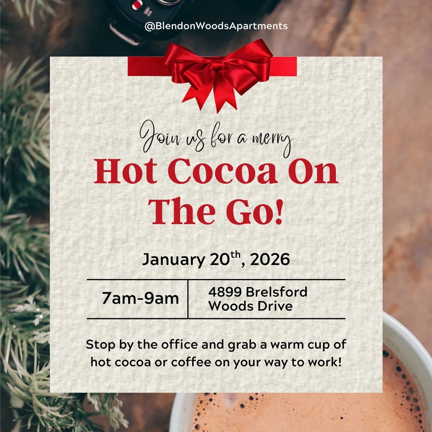 Rise &amp; sip, residents! 🌅☕️We&rsquo;re serving up hot coffee and hot chocolate on January 20th from 7&ndash;9 AM to help kick-start your morning.📍 Unit 4899 or in front of the clubhouse (weather permitting)Whether you&rsquo;re headed to work or 