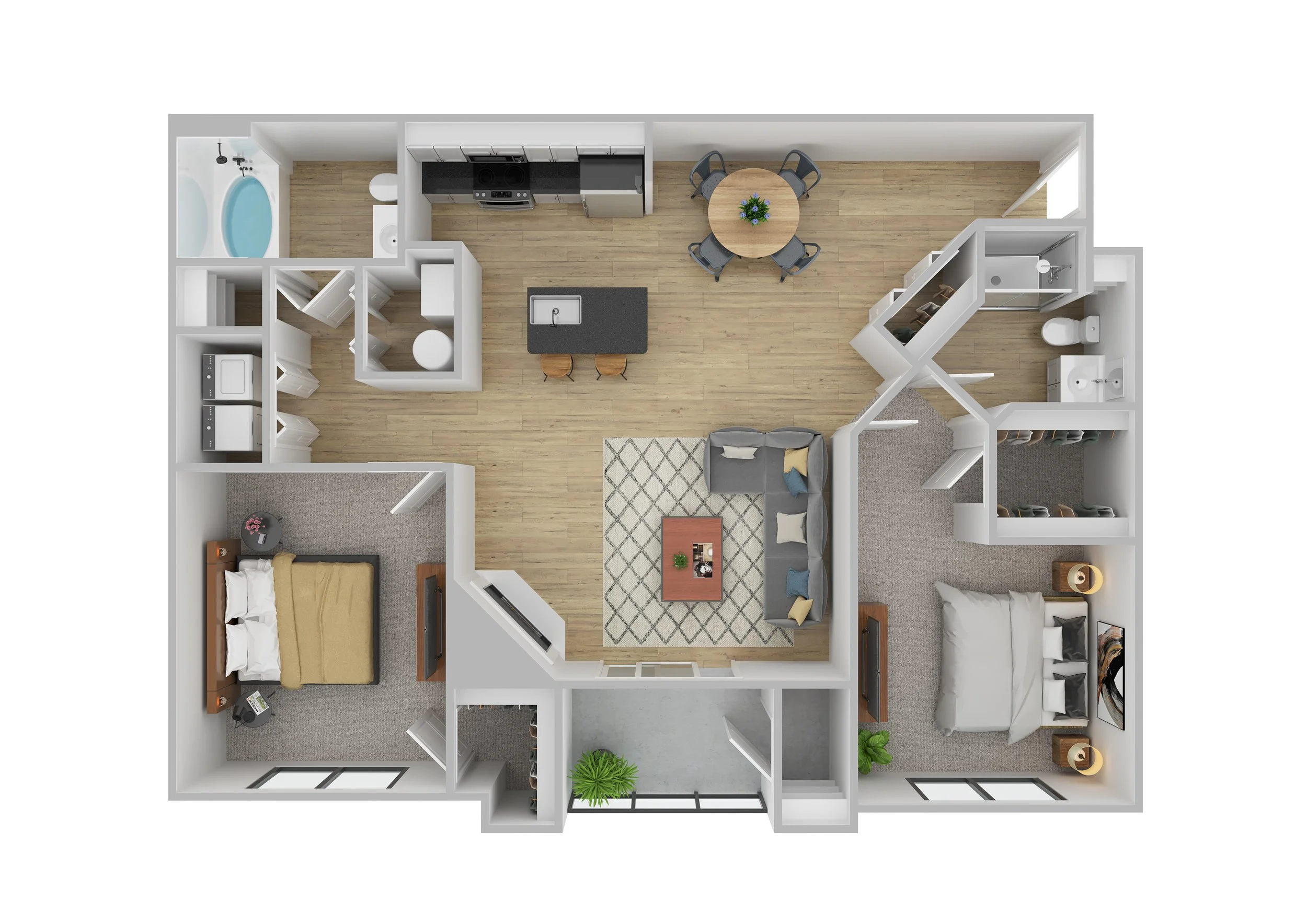 Top-down view of a modern apartment with a living room, kitchen, dining area, two bedrooms, two bathrooms, and a laundry room.