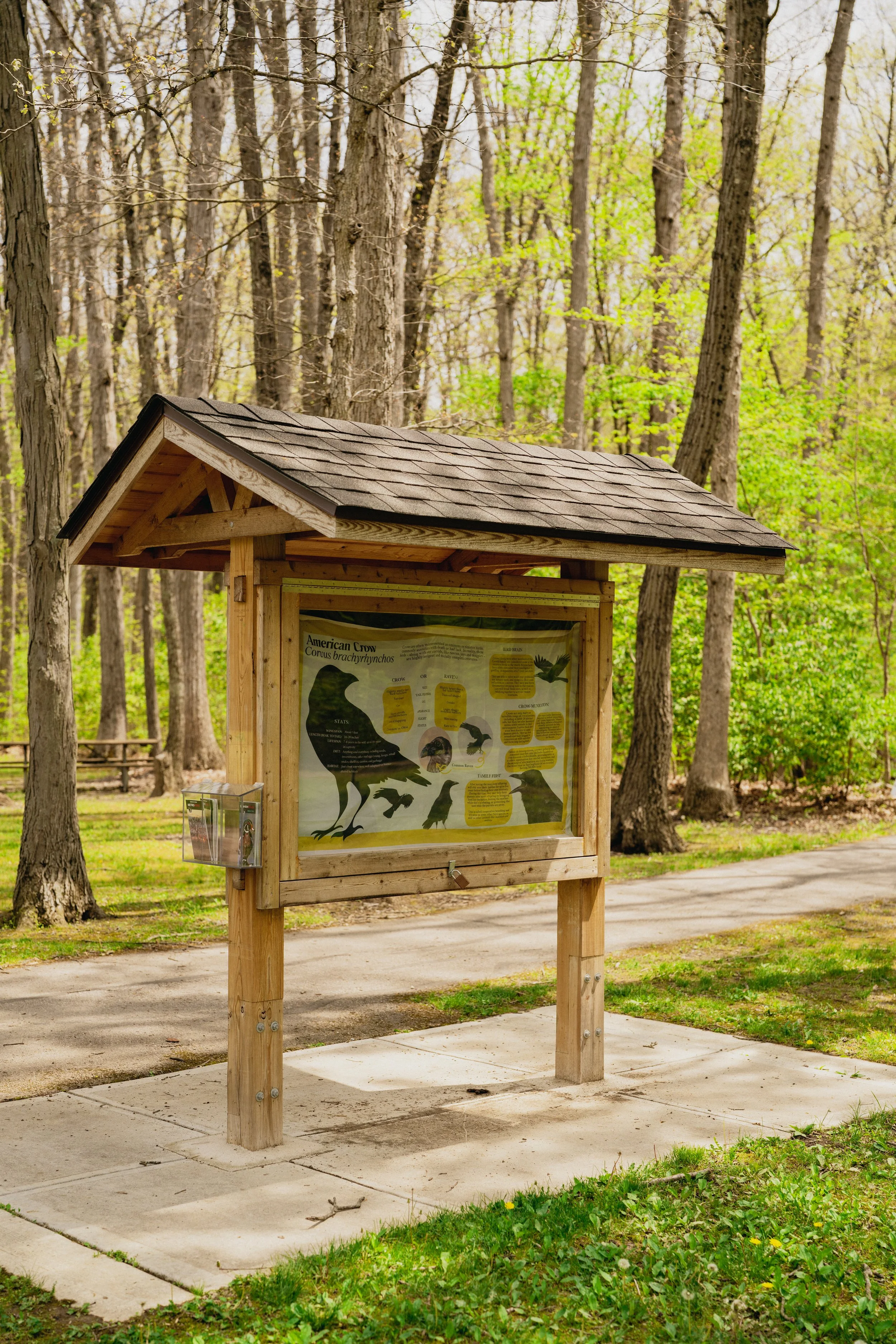 A wooden nature display board with a roof, situated on a path in a forested area with trees and green foliage.
