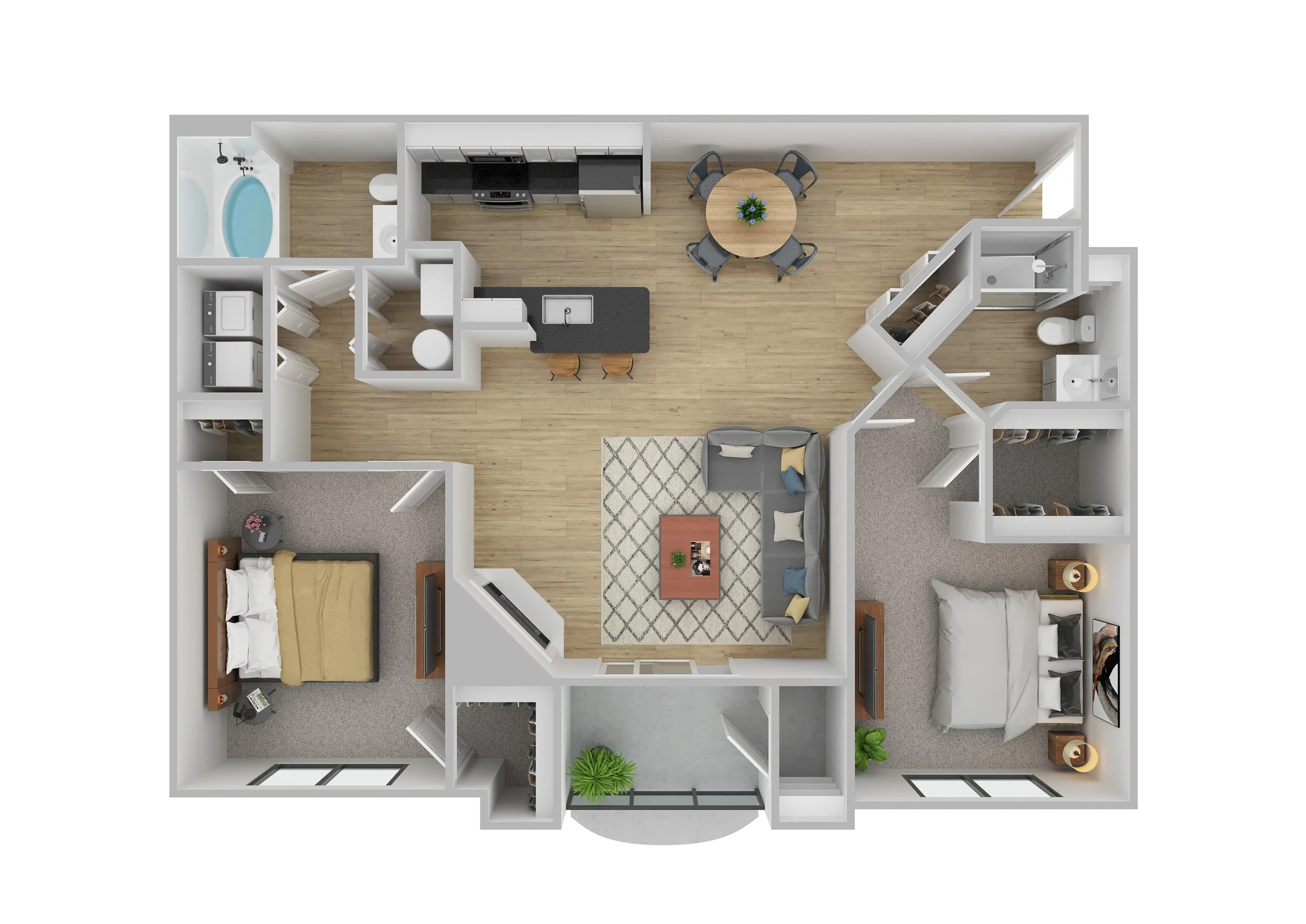 Top-down view of a furnished apartment with two bedrooms, a living room, kitchen, and bathroom areas.
