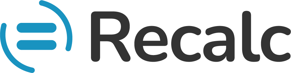 Logo of Recalc featuring three horizontal blue lines inside a blue circle, with the word 'Recalc' in black next to it.