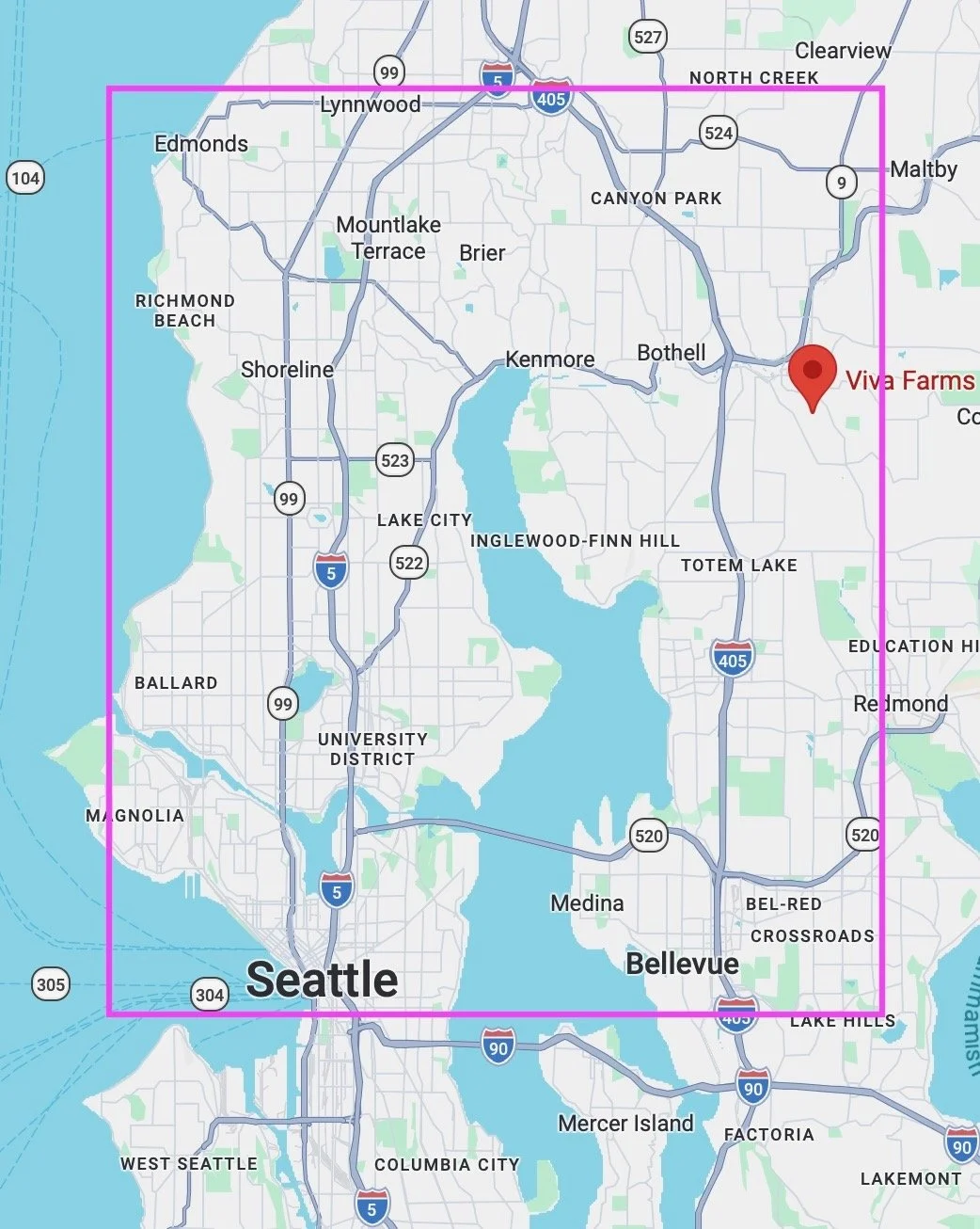 Image of a map of Seattle with a pink rectangle indicating delivery area. Includes north and central Seattle, up to Edmonds and Lynnwood and east to Bellevue, Redmond, Kirkland, etc.