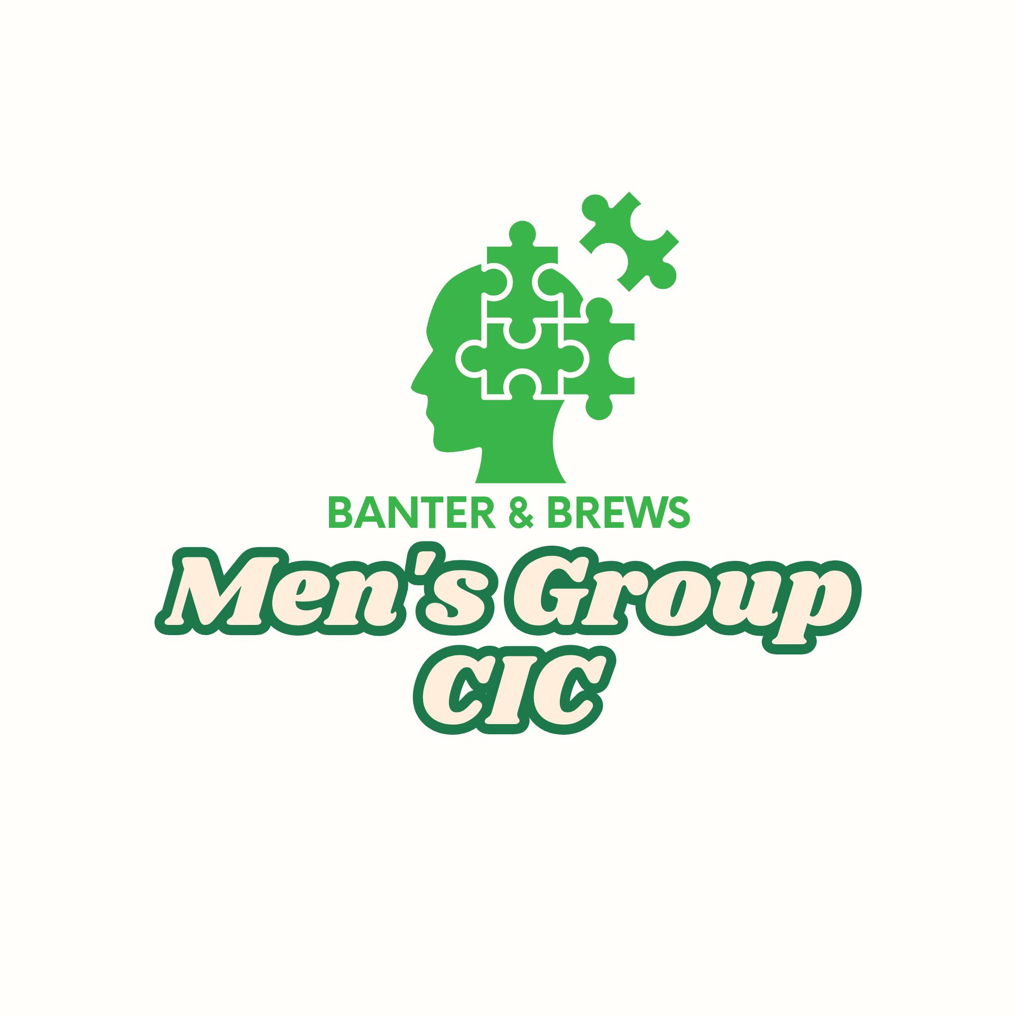 Green silhouette of a person's head with puzzle pieces forming the brain and extending outward, accompanied by the text 'BANTER & BREWS Men’s Group'.