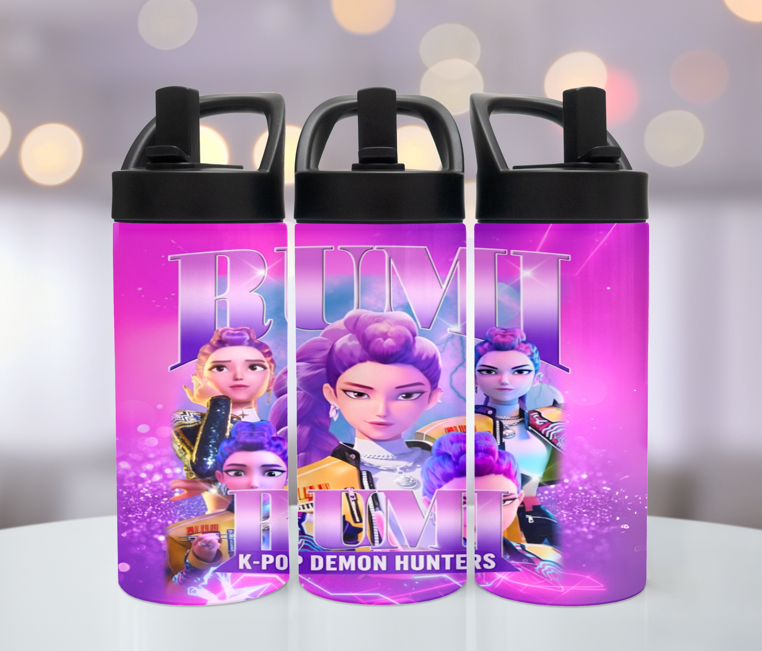 Three purple water bottles featuring characters from the animated series 'RUMI' with the title 'K-POP DEMON HUNTERS' in bold white letters.