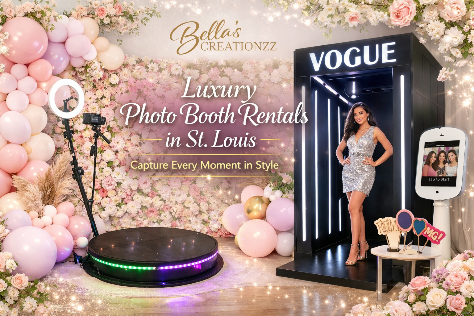 A luxurious photo booth setup with a black Vogue-branded photo booth, a woman in a silver dress standing inside, surrounded by pink, white, and gold balloons, flowers, and decorative props. There is a sign for "Bellas Creationzz" and text advertising "Luxury Photo Booth Rentals in St. Louis" with the slogan "Capture Every Moment in Style".