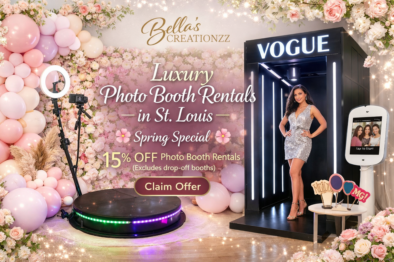 A woman in a silver dress standing inside a black photo booth labeled 'VOGUE,' with a pink floral and balloon backdrop. There are decoration props on a small table, a camera, and a ring light in front of the backdrop. The image advertises luxury photo booth rentals in St. Louis with a spring special of 15% off, and a button to claim the offer.