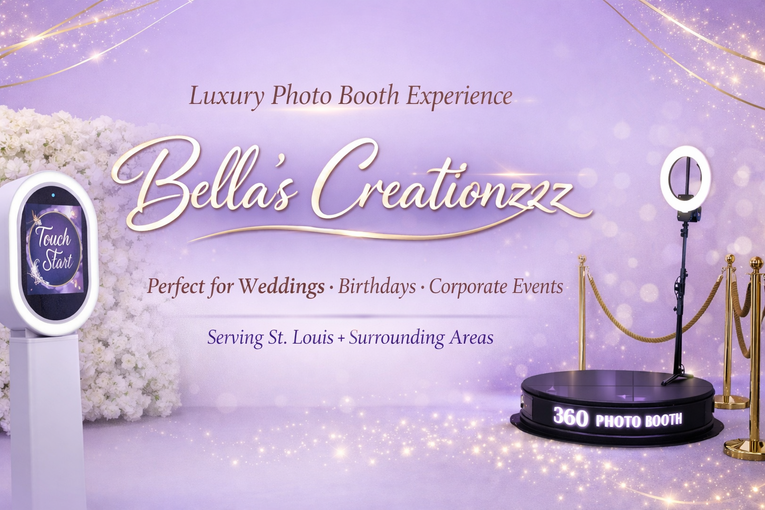 Purple backdrop with text promoting luxury photo booth experience called Bella's Creatonzzz, suitable for weddings, birthdays, corporate events, serving St. Louis and surrounding areas. Includes a ring light, a touch screen photo booth, and a 360-degree photo station with gold stanchions.