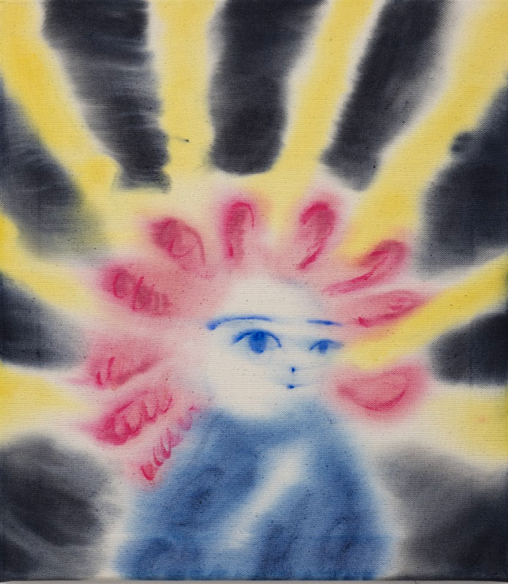 Colorful abstract drawing of a person with blue eyes and a headband, surrounded by red and yellow hair-like streaks and black and yellow rays, with handwritten words in red, including "friend" and "love."