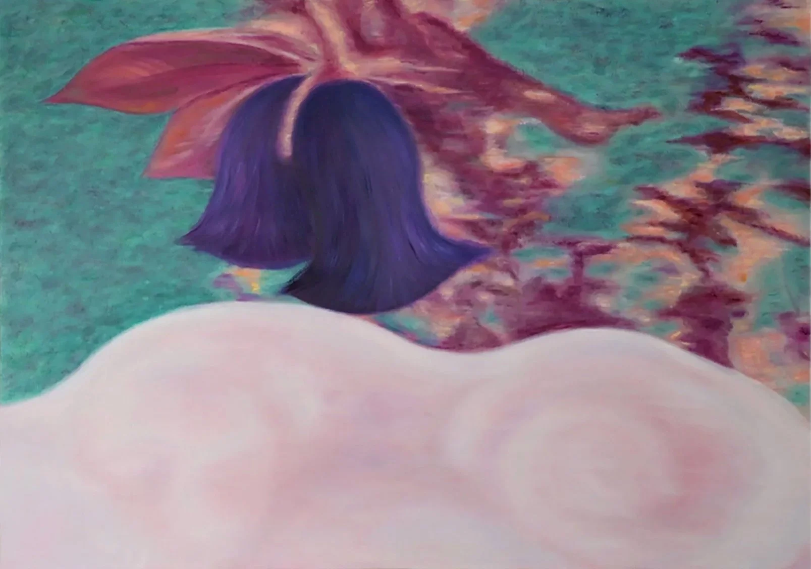 A painting of a person's back with long dark hair, lying face down on a pink surface, with pink flowers and colorful leaves in the background.
