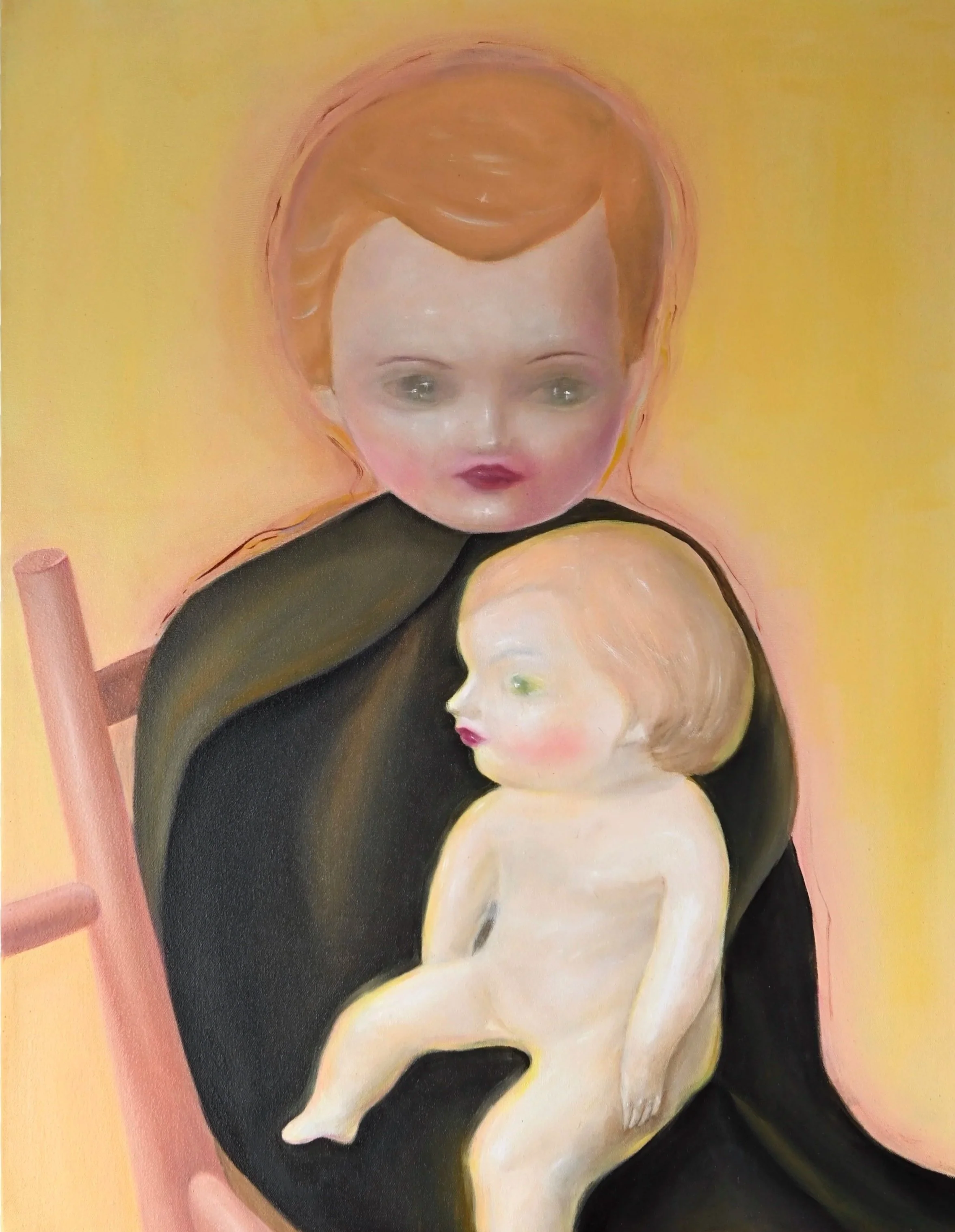 Painting of a woman with a dark cloak holding a nude child with blonde hair, sitting on a pink chair against a yellow background.