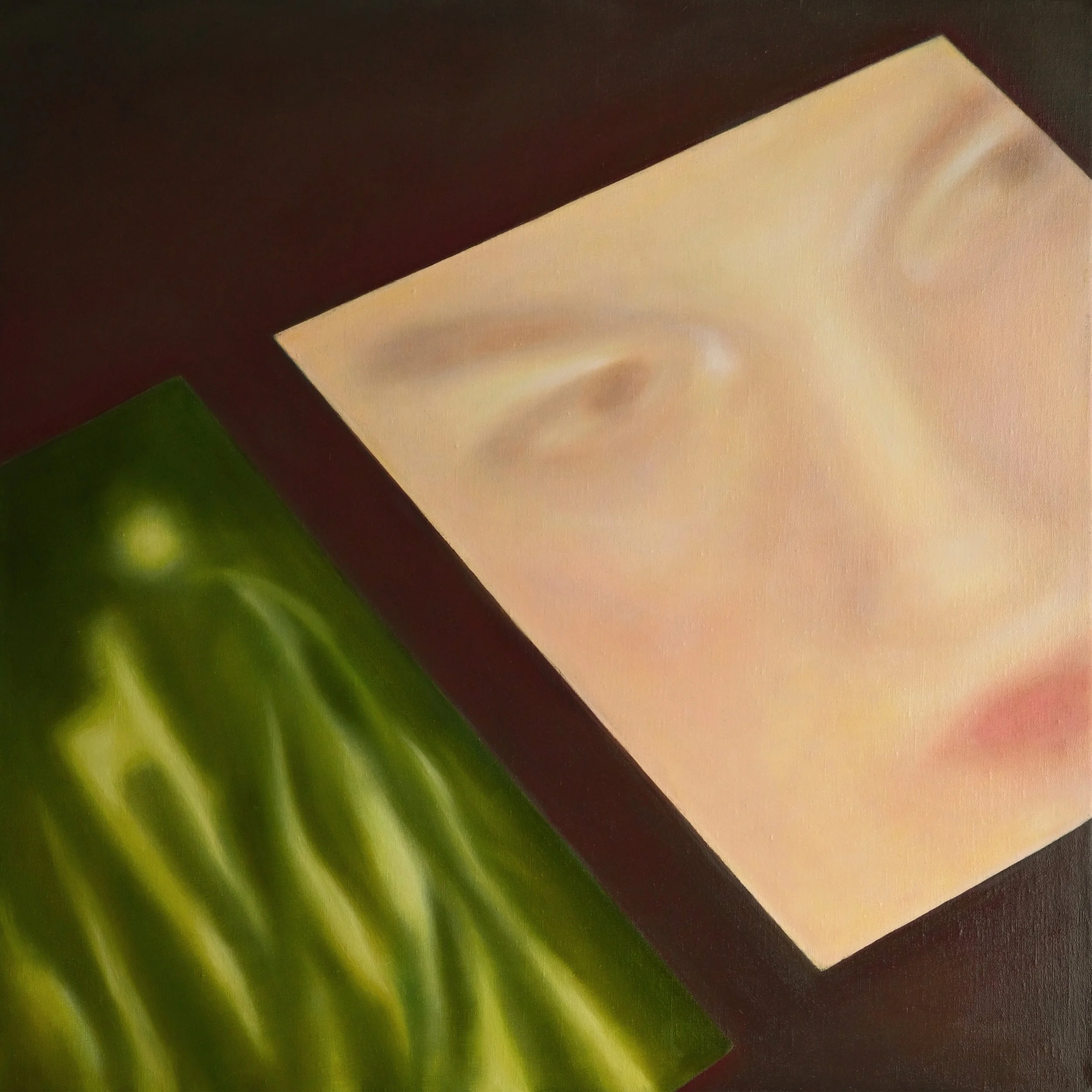 Close-up of a painting of a human face with soft features, similar to a portrait, alongside a painting of green banana leaves.