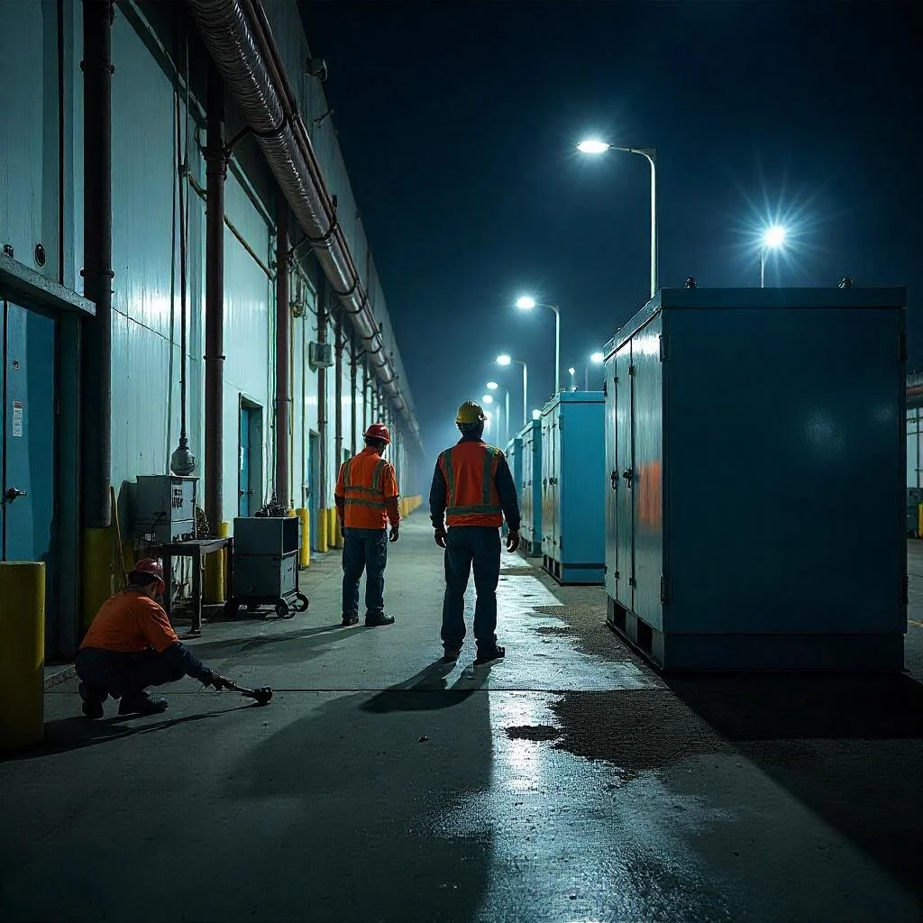 Night scene at industrial facility with workers in safety gear and reflective vests, illuminated by streetlights, conducting maintenance or inspection.