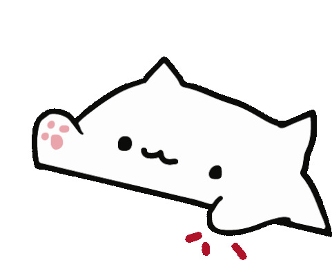 Cute cartoon cat with a smiling face and pink paw pads, lying on its side, with a few red drops near its mouth.