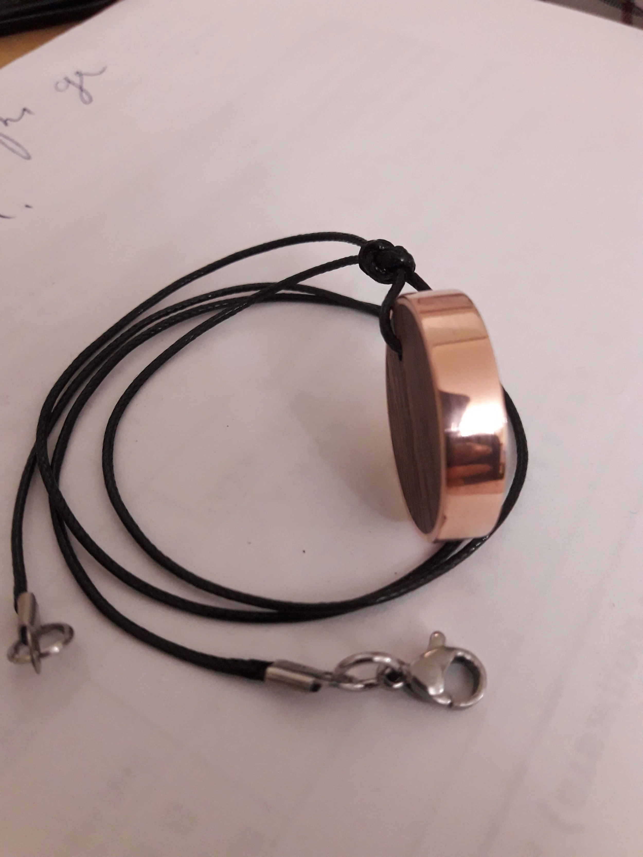 Round pendant with black cord necklace and metallic clasp.