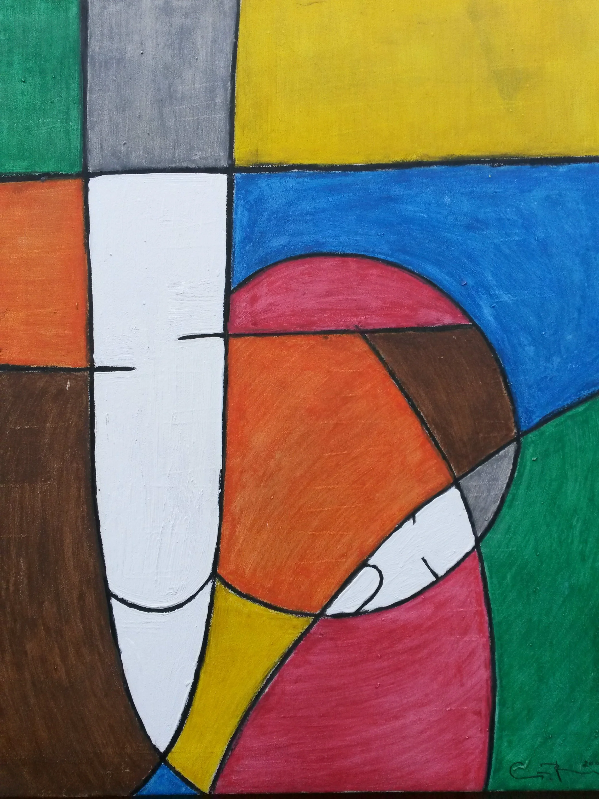 Abstract geometric painting with bold colors and intersecting lines.