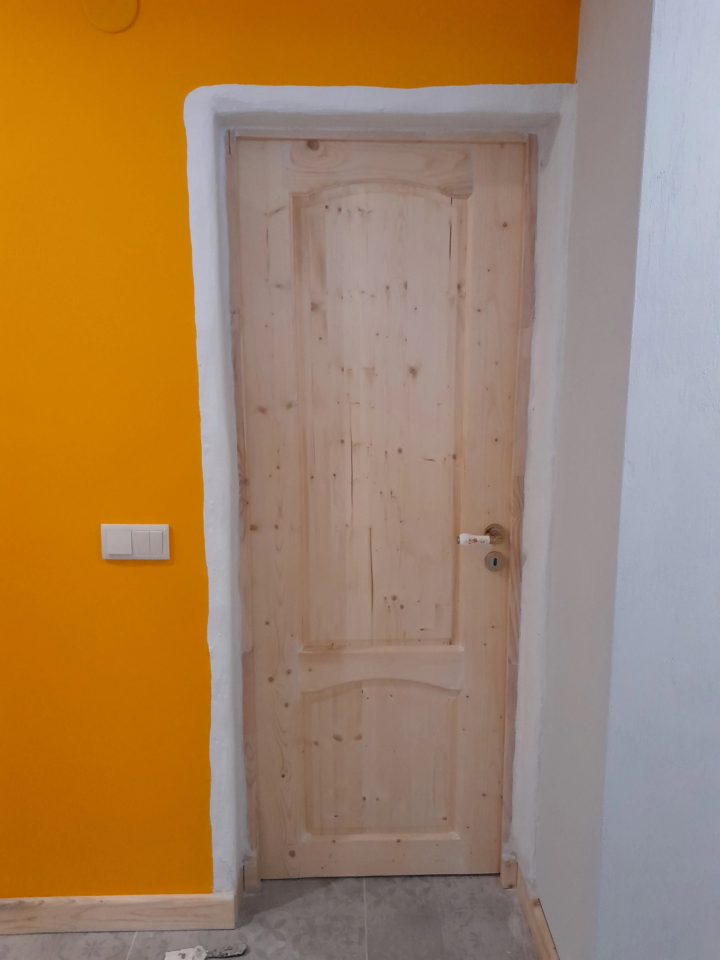Wooden door with orange wall and light switch