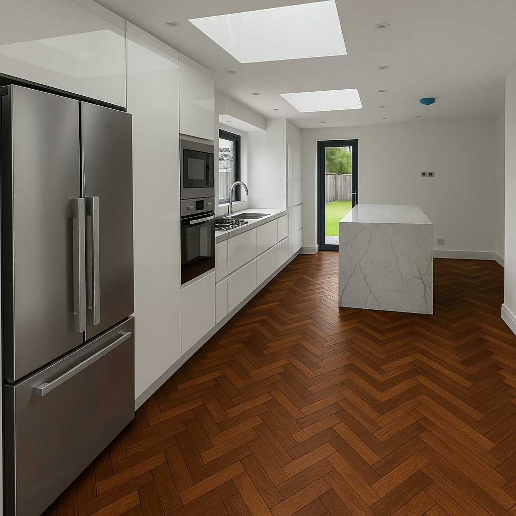 Modern kitchen with white cabinets, stainless steel refrigerator, built-in oven and microwave, marble kitchen island, wooden herringbone floor, skylights, and a door leading outside to a green yard.