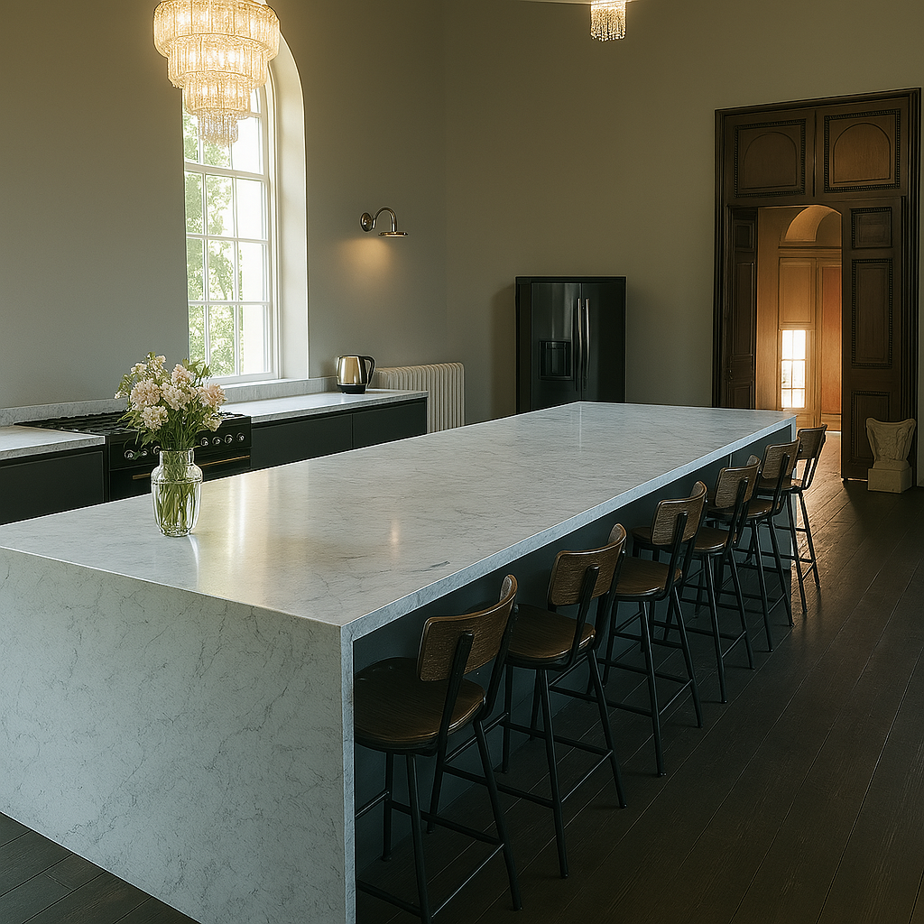 Modern kitchen with a large white marble island, wooden stools, a black refrigerator, a window with a chandelier, and minimal decor.