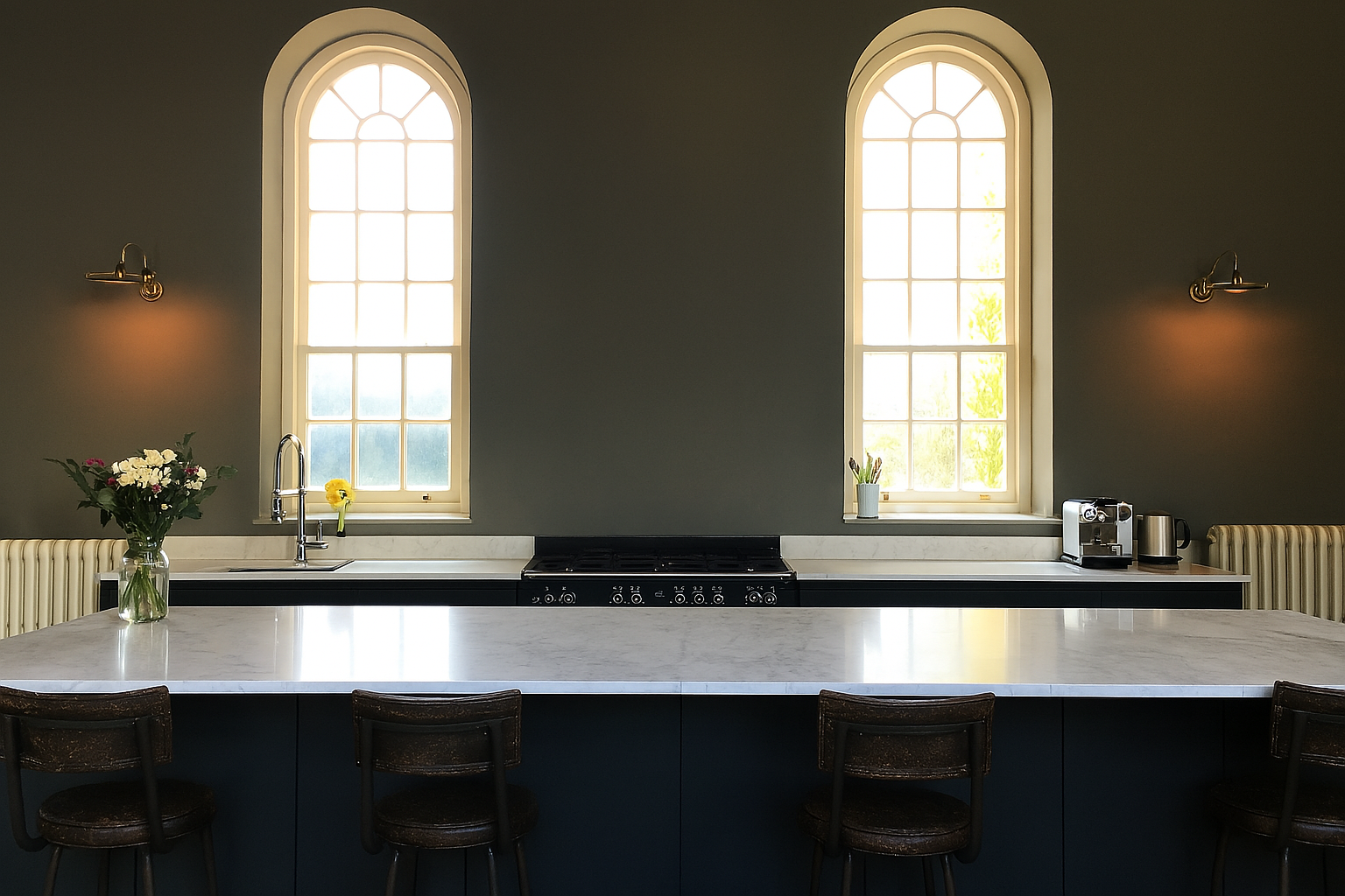 Modern kitchen with two arched windows, a marble island, dark cabinetry, and minimal decor including flowers and small appliances.