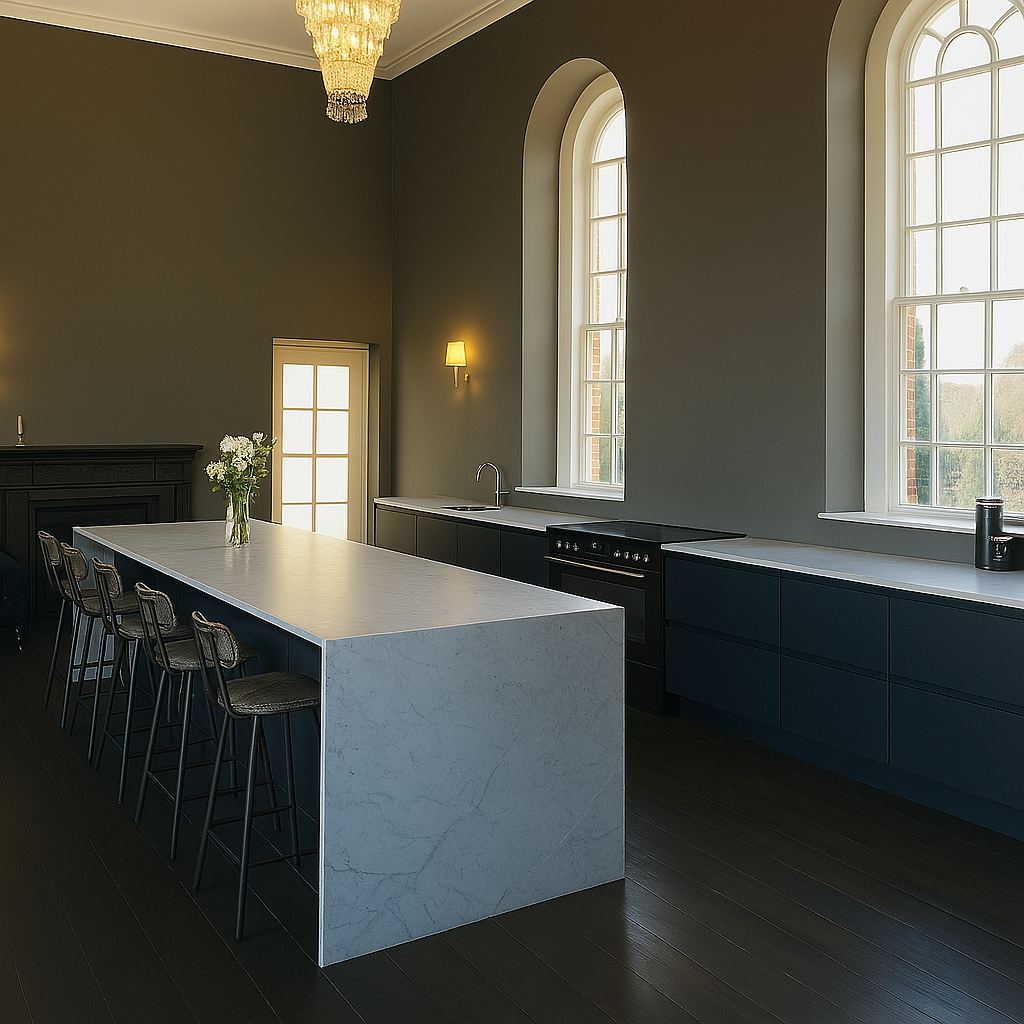 Modern kitchen with large marble island, dark blue cabinets, and natural light from tall arched windows.