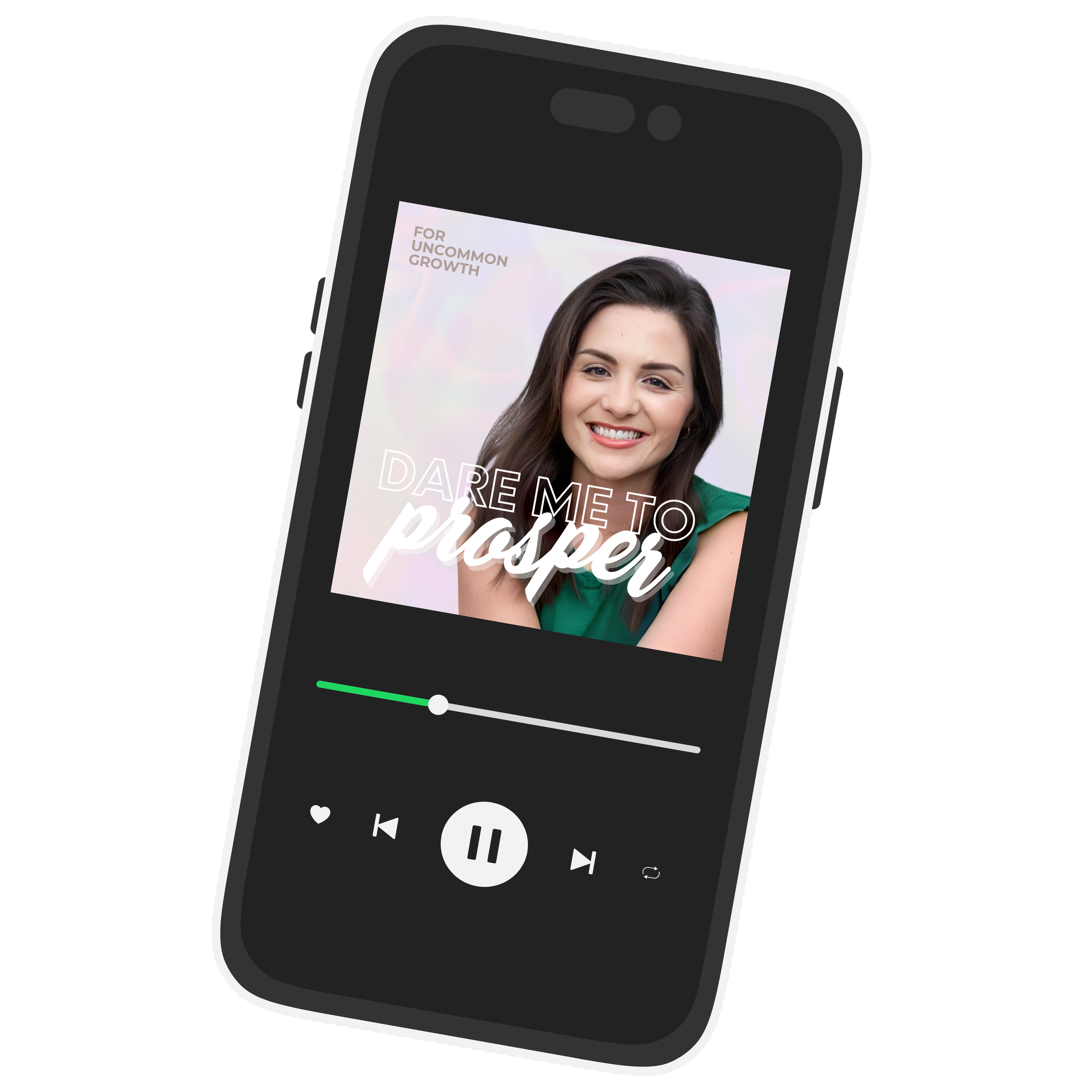 Smartphone displaying a music player app with a photo of a smiling woman, overlay text reading "Dare me to pisper", and a progress bar below the image.