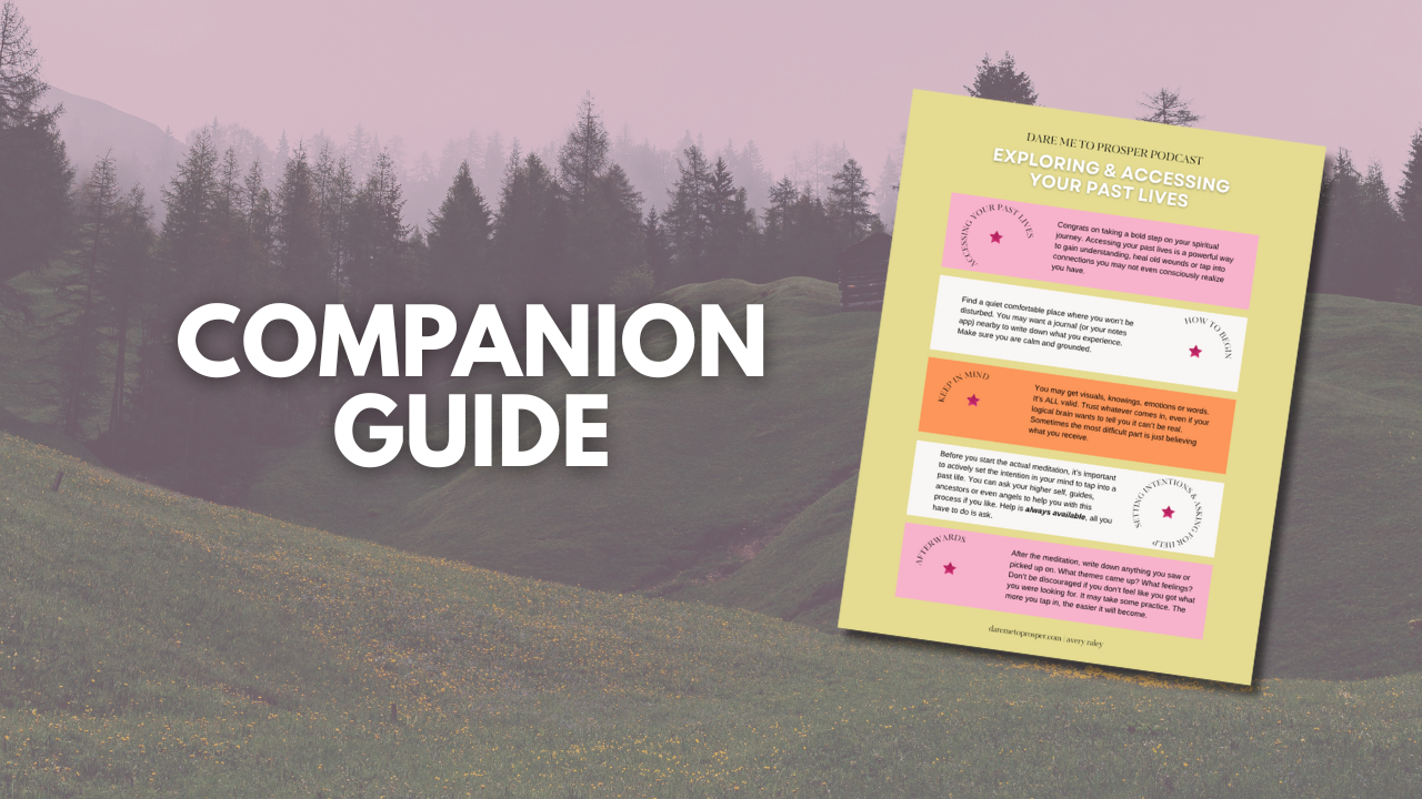 Image of a PDF titled 'Companion Guide' with a mountain landscape background. The guide includes sections on exploring and accessing past lives, with colorful highlighted tips and inspirational quotes.