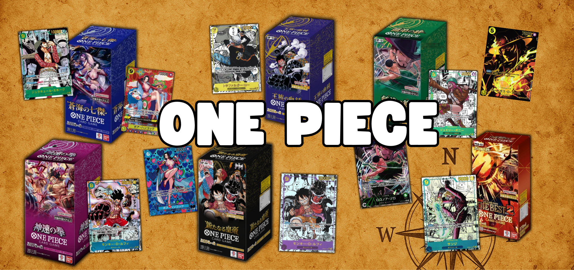 Immagine con Booster Box e Manga del One Piece Card Game, disposte su uno di pergamena con una bussola stilizzata.