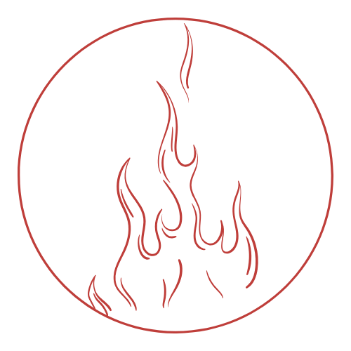 Line drawing of flames inside a circle.