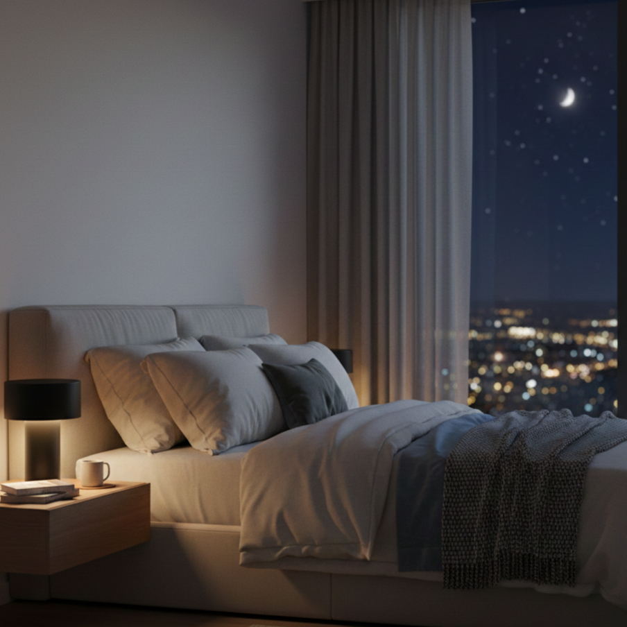 Calm, dark bedroom at night symbolizing deep sleep, recovery, and restorative rest.