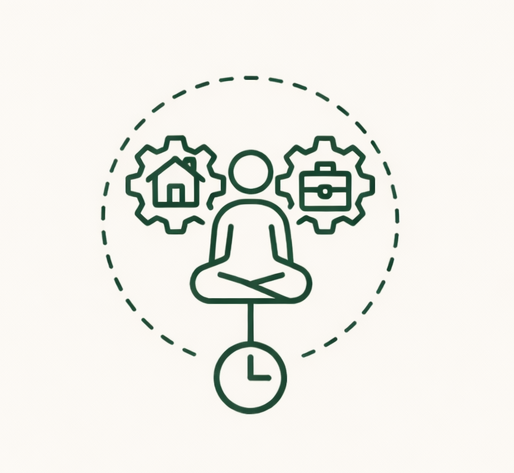Practical integration: A line drawing of a person sitting cross-legged with icons of a house and a briefcase above their shoulders, connected by dotted lines, with a clock below.
