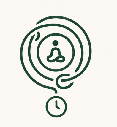 Self-paced: A stylized illustration of a yoga pose in a meditative position with a clock hanging underneath, all in a simple green line art style.