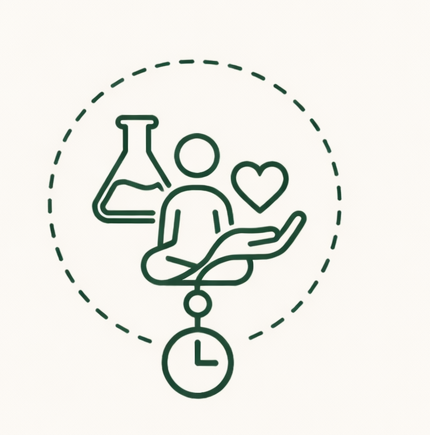 Science-backed, human-first: Icon of a person sitting cross-legged with a heart, a laboratory flask, and a clock above their head, representing health and science.