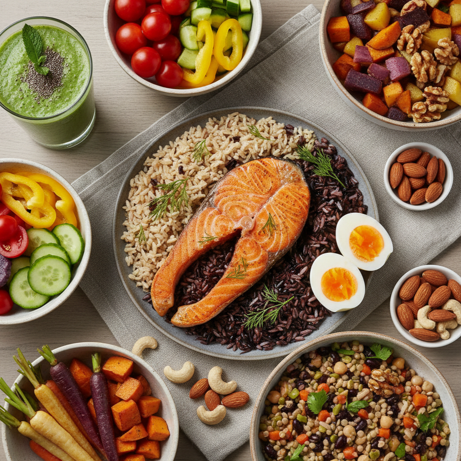 Whole, anti-inflammatory foods including eggs, fish, nuts, and vegetables representing balanced nutrition for stable energy and vitality.