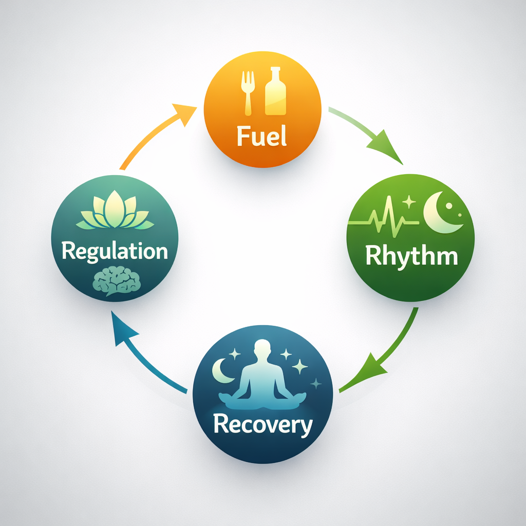 EZB Vitality Pillars diagram with four stages: Fuel, Rhythm, Recovery, Regulation, showing icons for symbolising the four pillars.